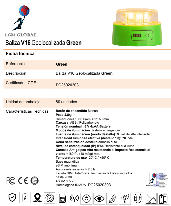 BALIZA DE EMERGENCIA V16  GEOLOCALIZADA - Green (Obligatoria desde 2026)- Conectada con la DGT Homologada  